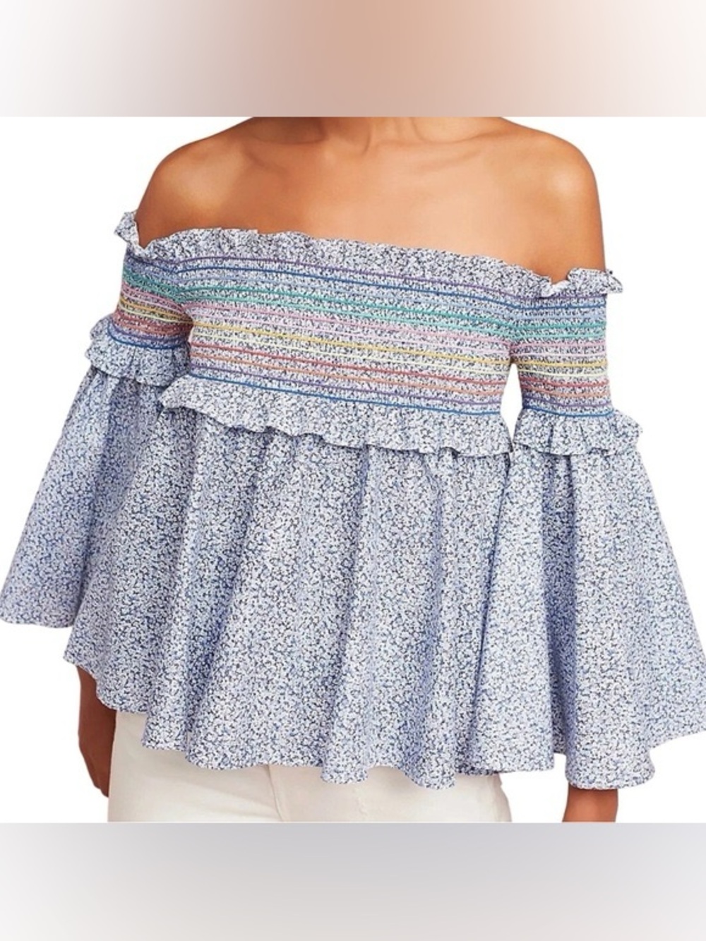 Petersyn Davenport Rainbow Smocked Off-Shoulder Boho Blouse Top Peasant Fairy S